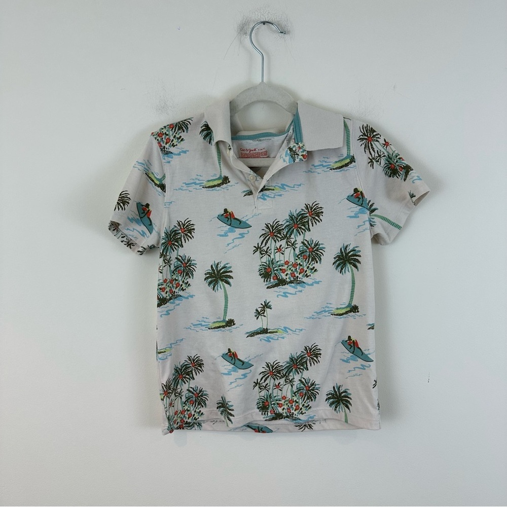 Cat & Jack Tropical Palm Print Polo Shirt in Cream and Teal Boy's Small